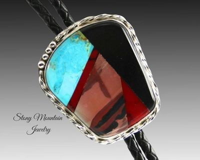 Alternate image for Custom Inlay Bolo Tie, Designer Bolo Tie with Paint Jasper, Turquoise & Black Jade, One of a Kind Wedding Bolo Tie, Fathers Day Gift