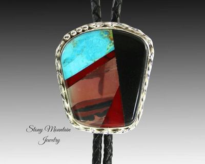 Alternate image for Custom Inlay Bolo Tie, Designer Bolo Tie with Paint Jasper, Turquoise & Black Jade, One of a Kind Wedding Bolo Tie, Fathers Day Gift