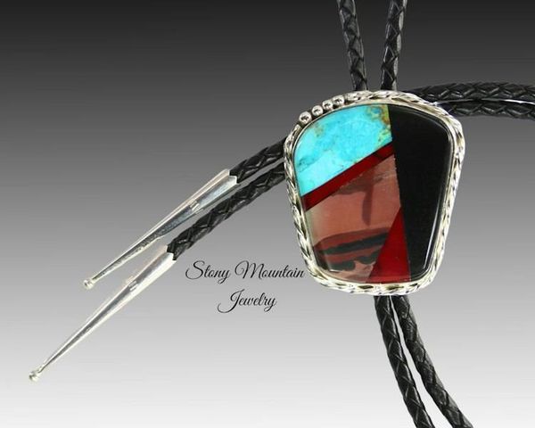 Alternate image for Custom Inlay Bolo Tie, Designer Bolo Tie with Paint Jasper, Turquoise & Black Jade, One of a Kind Wedding Bolo Tie, Fathers Day Gift