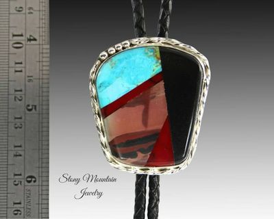 Alternate image for Custom Inlay Bolo Tie, Designer Bolo Tie with Paint Jasper, Turquoise & Black Jade, One of a Kind Wedding Bolo Tie, Fathers Day Gift