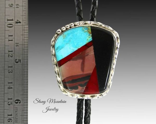 Alternate image for Custom Inlay Bolo Tie, Designer Bolo Tie with Paint Jasper, Turquoise & Black Jade, One of a Kind Wedding Bolo Tie, Fathers Day Gift