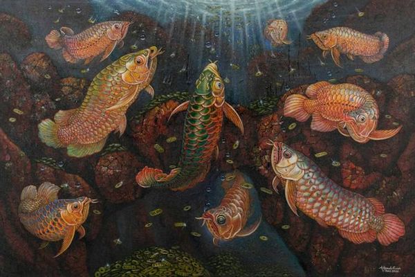 Alternate image for Acrylic Underwater Scene Painting Featuring Arowana Fish The Arowanas