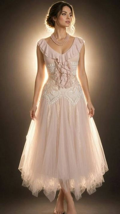 Alternate image for Romantic blush pink tulle dress with ruffled neckline and embellished bodice