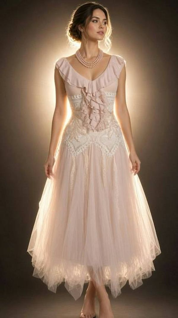 Alternate image for Romantic blush pink tulle dress with ruffled neckline and embellished bodice
