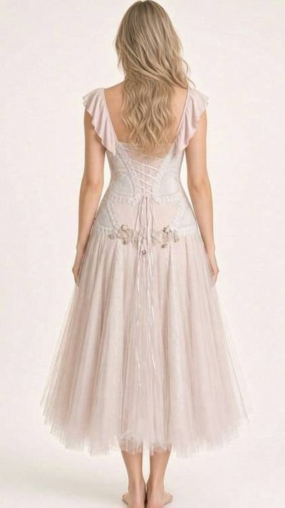 Alternate image for Romantic blush pink tulle dress with ruffled neckline and embellished bodice