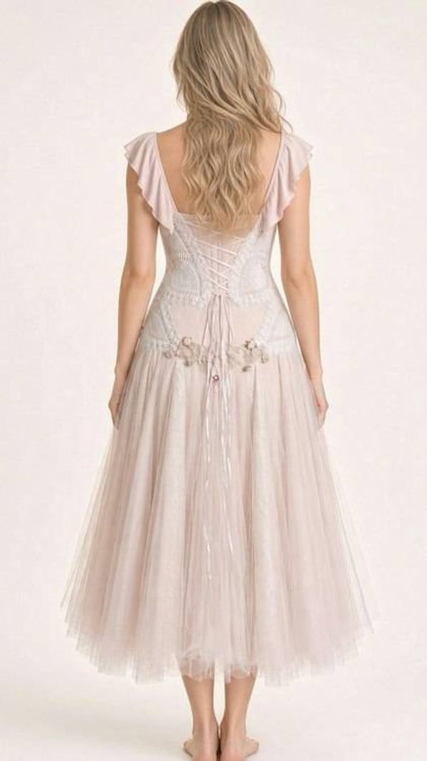 Alternate image for Romantic blush pink tulle dress with ruffled neckline and embellished bodice
