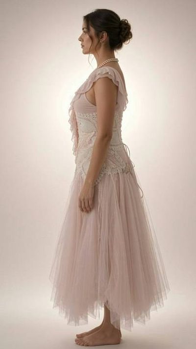 Alternate image for Romantic blush pink tulle dress with ruffled neckline and embellished bodice