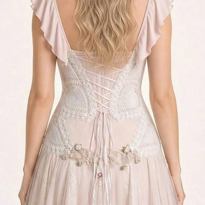Alternate image for Romantic blush pink tulle dress with ruffled neckline and embellished bodice