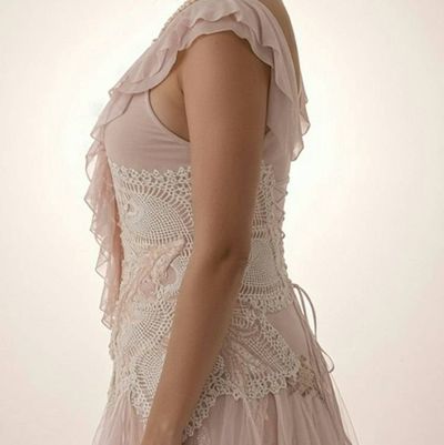 Alternate image for Romantic blush pink tulle dress with ruffled neckline and embellished bodice