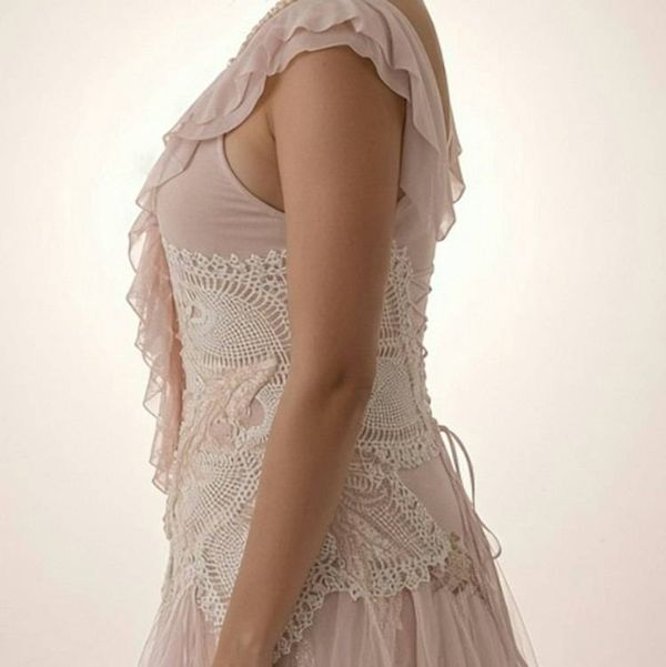 Alternate image for Romantic blush pink tulle dress with ruffled neckline and embellished bodice