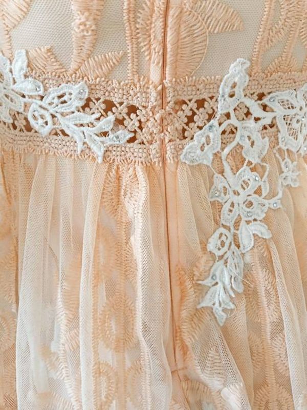 Alternate image for Romantic Blush Peach Lace Overlay Empire Waist Dress with Beaded Detail
