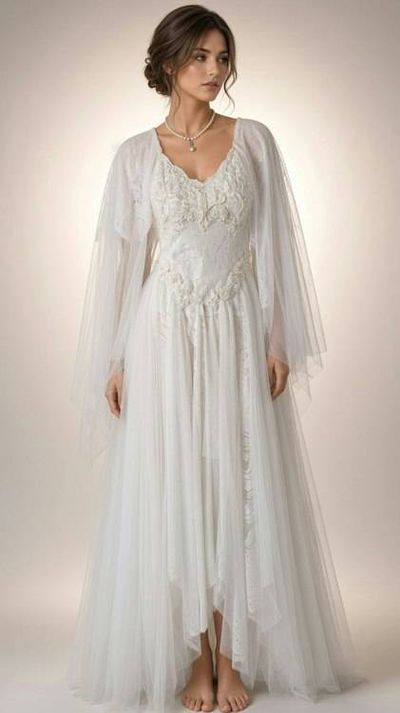 Alternate image for Ethereal White Lace Wedding Dress with Sheer Cape Sleeves and lace up Back
