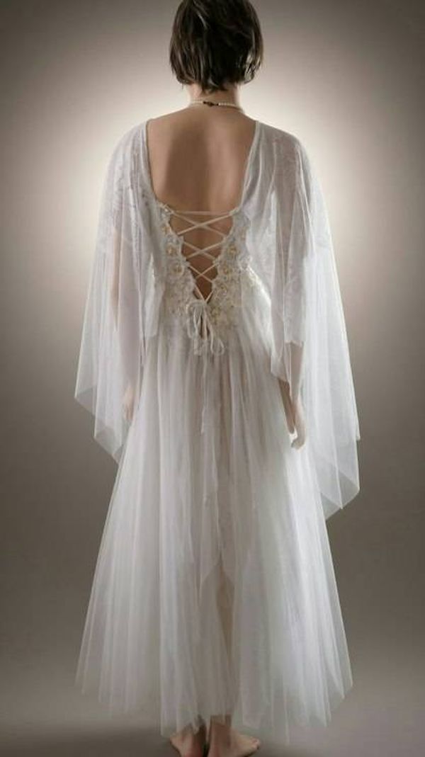 Alternate image for Ethereal White Lace Wedding Dress with Sheer Cape Sleeves and lace up Back