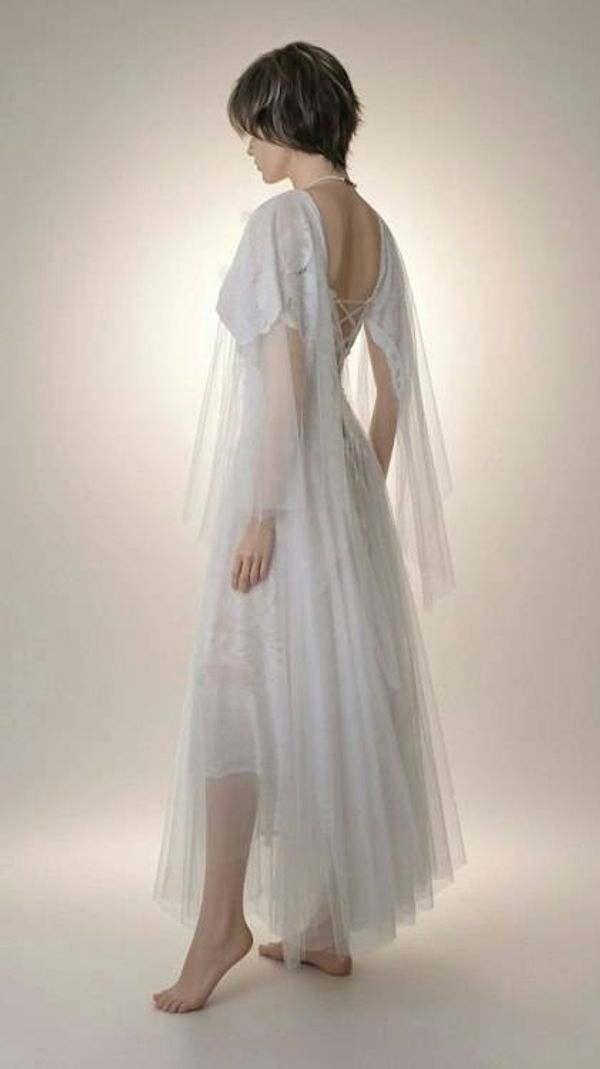 Alternate image for Ethereal White Lace Wedding Dress with Sheer Cape Sleeves and lace up Back