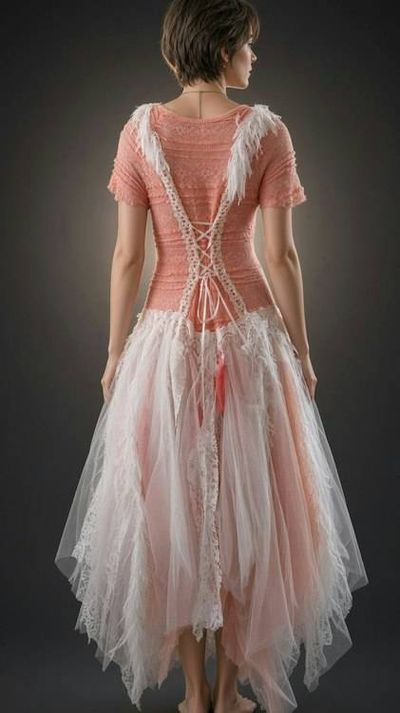 Alternate image for Hand-Crocheted Coral Pink and Ivory Tulle Dress with Lace-Up Back
