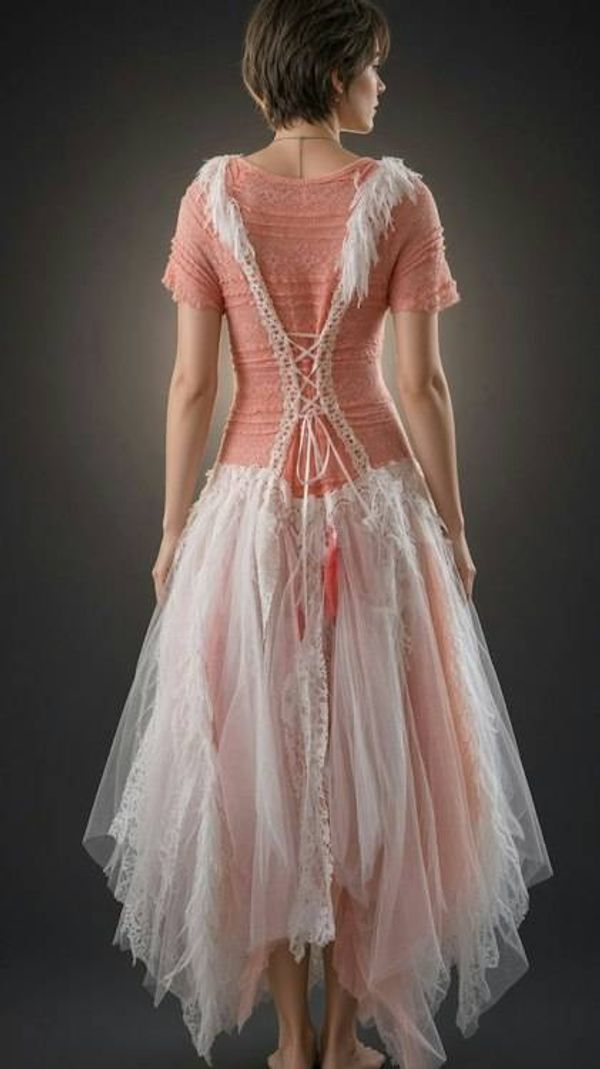 Alternate image for Hand-Crocheted Coral Pink and Ivory Tulle Dress with Lace-Up Back