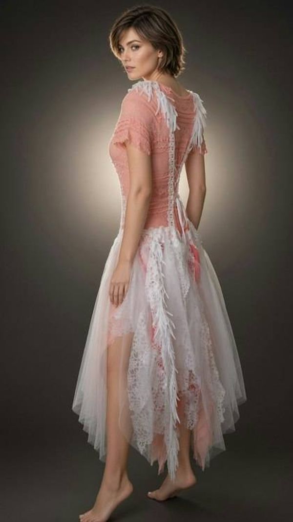 Alternate image for Hand-Crocheted Coral Pink and Ivory Tulle Dress with Lace-Up Back