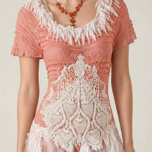 Alternate image for Hand-Crocheted Coral Pink and Ivory Tulle Dress with Lace-Up Back