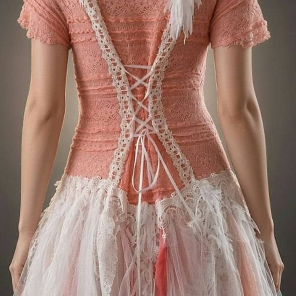 Alternate image for Hand-Crocheted Coral Pink and Ivory Tulle Dress with Lace-Up Back