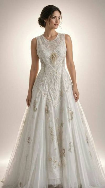Alternate image for Sleeveless A-Line Wedding Gown with Gold Embroidered Lace and Corset Back
