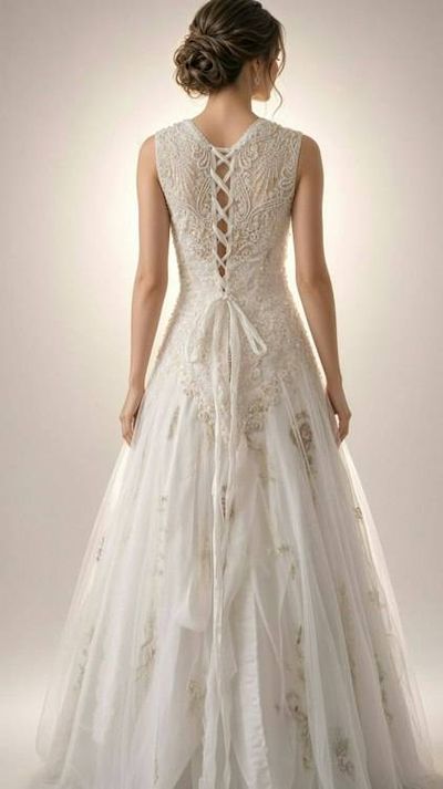 Alternate image for Sleeveless A-Line Wedding Gown with Gold Embroidered Lace and Corset Back