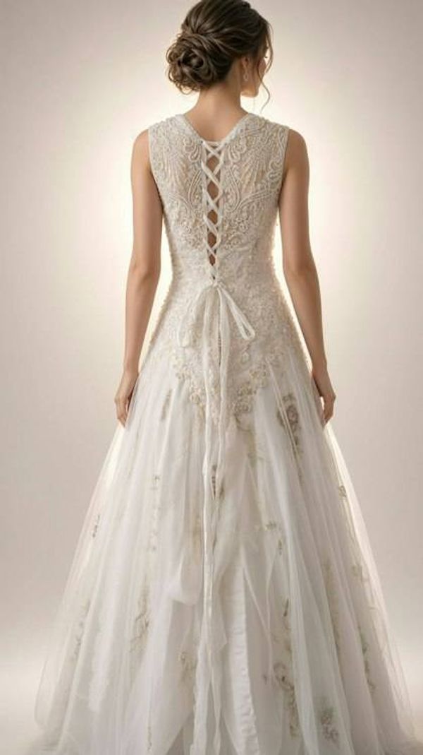 Alternate image for Sleeveless A-Line Wedding Gown with Gold Embroidered Lace and Corset Back