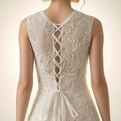Alternate image for Sleeveless A-Line Wedding Gown with Gold Embroidered Lace and Corset Back