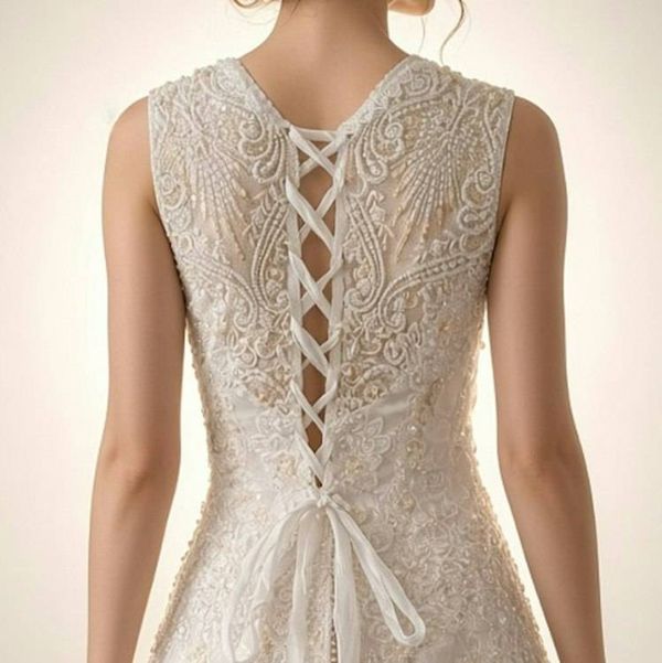 Alternate image for Sleeveless A-Line Wedding Gown with Gold Embroidered Lace and Corset Back