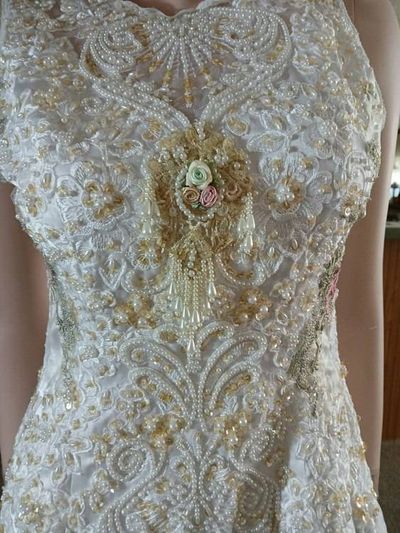 Alternate image for Sleeveless A-Line Wedding Gown with Gold Embroidered Lace and Corset Back