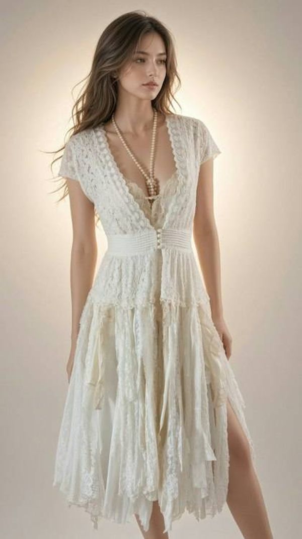 Alternate image for Bohemian Ivory Lace Dress with Asymmetrical Hem and Deep V-Neck