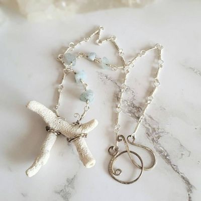 Primary image for Aqua Aura Quartz and Mexican Coral Fine Silver Necklace