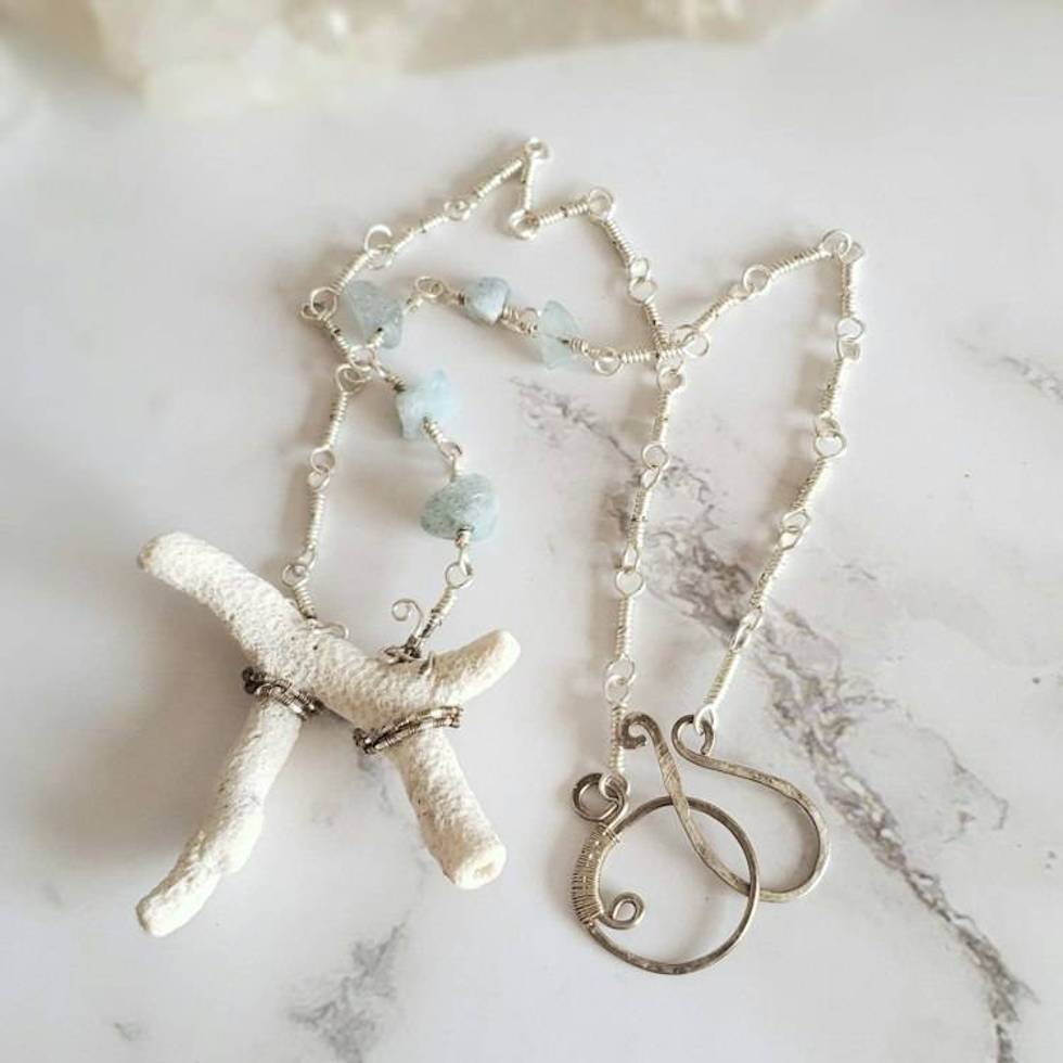 Aqua Aura Quartz and Mexican Coral Fine Silver Necklace