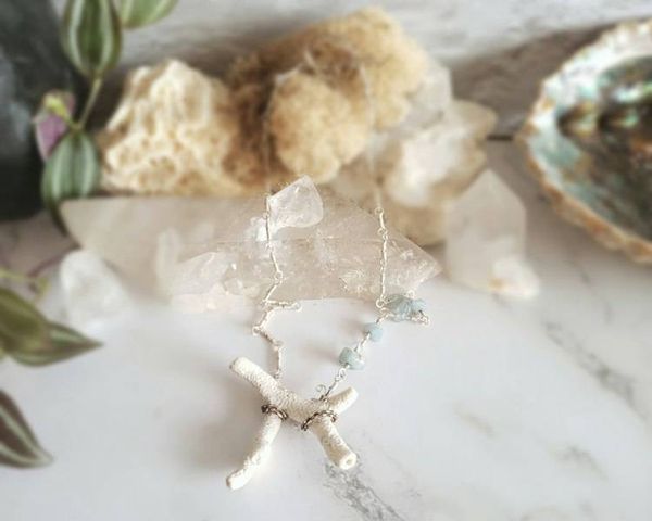 Alternate image for Aqua Aura Quartz and Mexican Coral Fine Silver Necklace