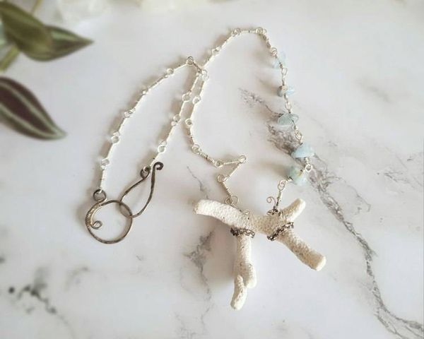 Alternate image for Aqua Aura Quartz and Mexican Coral Fine Silver Necklace