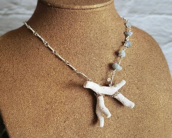 Alternate image for Aqua Aura Quartz and Mexican Coral Fine Silver Necklace