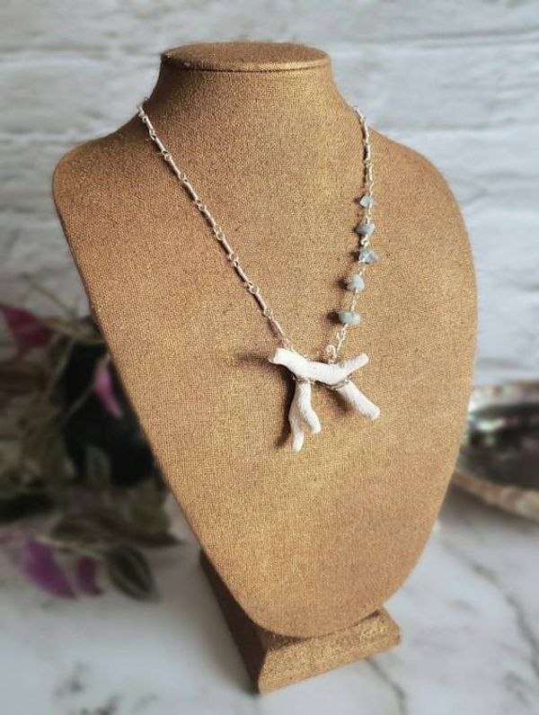 Alternate image for Aqua Aura Quartz and Mexican Coral Fine Silver Necklace