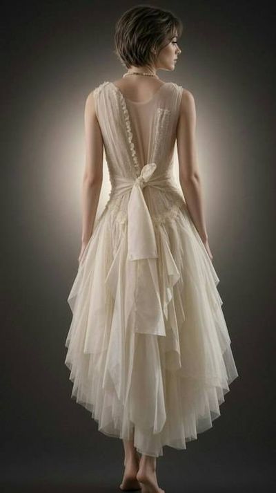 Alternate image for Handkerchief hem tulle wedding dress with fabric covered buttons and waist tie