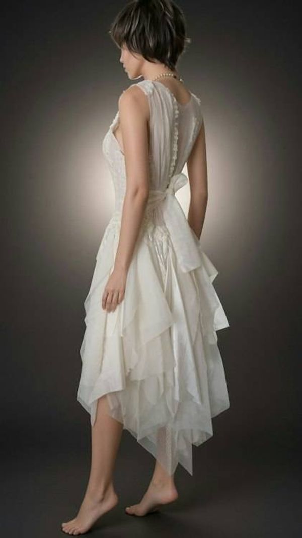 Alternate image for Handkerchief hem tulle wedding dress with fabric covered buttons and waist tie