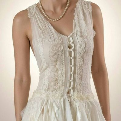 Alternate image for Handkerchief hem tulle wedding dress with fabric covered buttons and waist tie