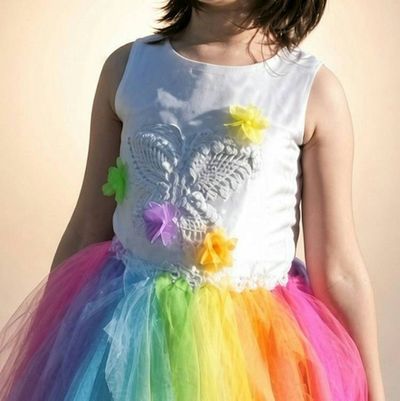 Alternate image for Rainbow spectrum handcrafted tulle dress with flower embellishment