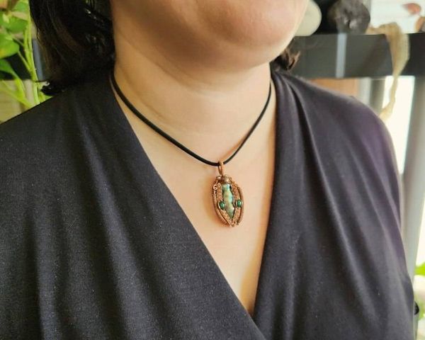 Alternate image for Pearl and Malachite Copper Wire Wrapped Pendant