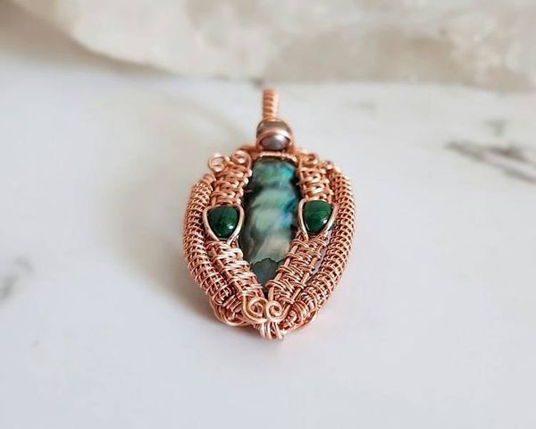 Alternate image for Pearl and Malachite Copper Wire Wrapped Pendant