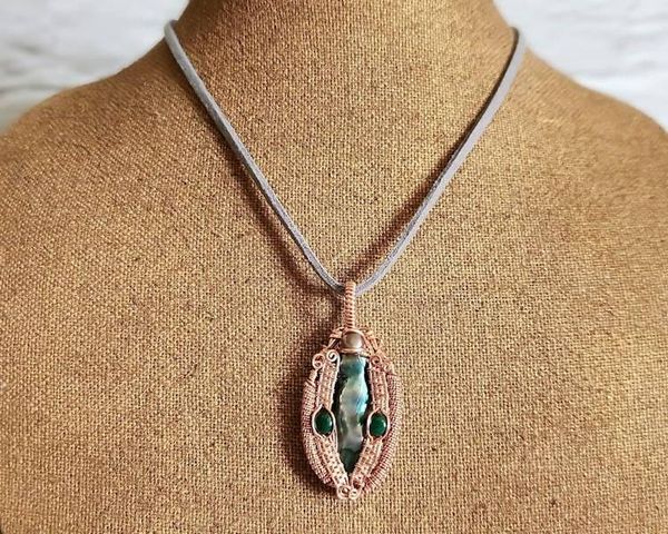 Alternate image for Pearl and Malachite Copper Wire Wrapped Pendant