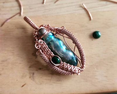 Alternate image for Pearl and Malachite Copper Wire Wrapped Pendant