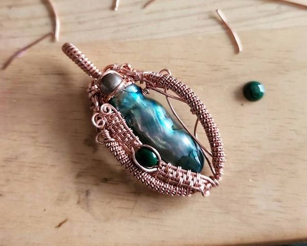 Alternate image for Pearl and Malachite Copper Wire Wrapped Pendant