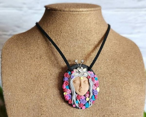 Alternate image for Butterfly Garden Goddess Polymer Clay Pendant