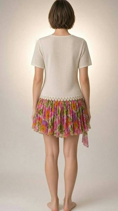 Alternate image for Handknitted floral drop-waist dress with knit bodice and strip skirt