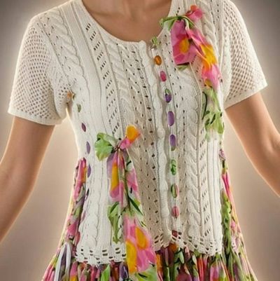 Alternate image for Handknitted floral drop-waist dress with knit bodice and strip skirt