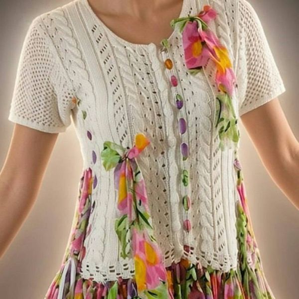 Alternate image for Handknitted floral drop-waist dress with knit bodice and strip skirt