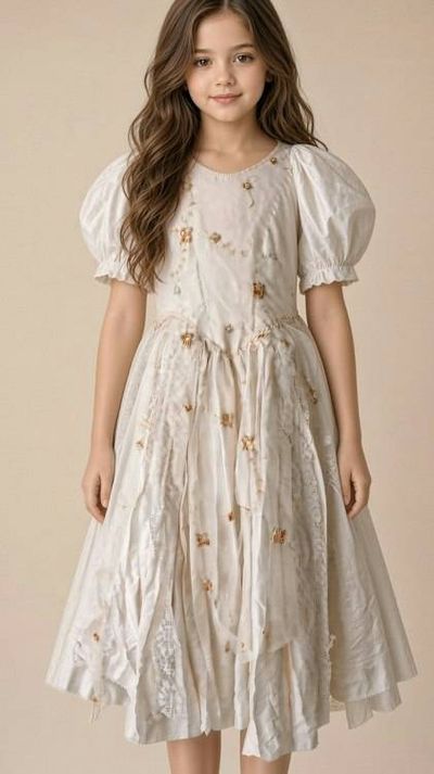 Primary image for Enchanting Ivory silk girls dress with puff sleeves and lace details